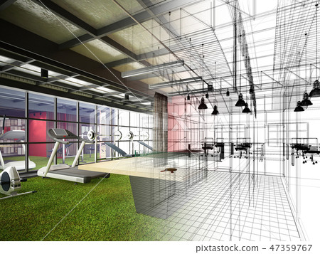 Abstract Sketch Design Of Interior Fitness Room Stock