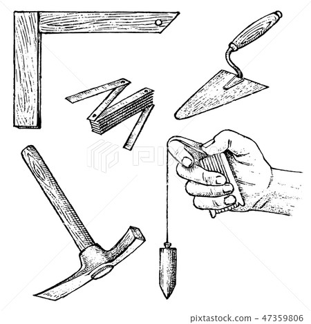 Work tools for construction and repair of buildings. Spatula, hammer, measuring devices. Hand drawn Work tools for construction and repair of buildings. Spatula, hammer, measuring devices. Hand drawn 47359806