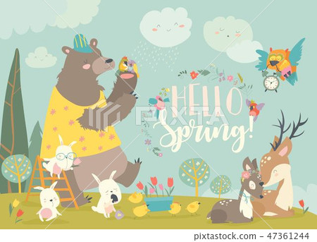 Cute animals meeting spring in the forest Cute animals meeting spring in the forest 47361244