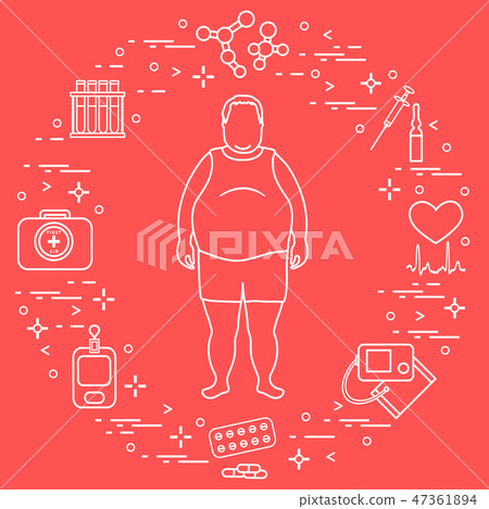 Fat man with medical devices, tools and drugs Fat man with medical devices, tools and drugs 47361894