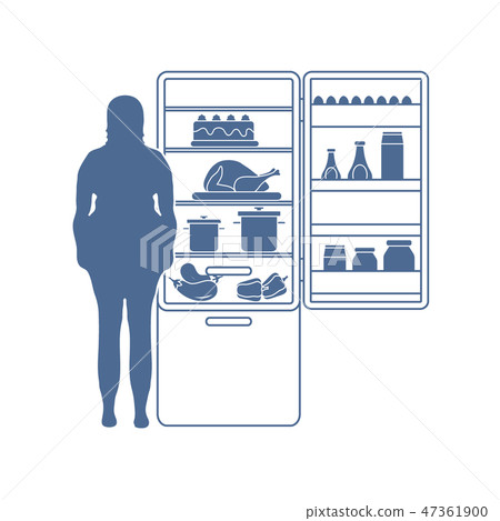 Fat woman stands at the fridge full of food Fat woman stands at the fridge full of food 47361900