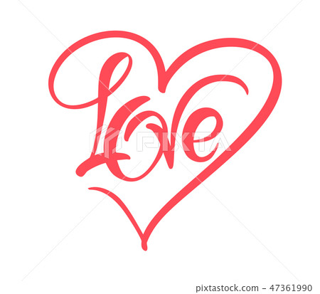 Red Calligraphy word Love. Vector Valentines Day Hand Drawn lettering. Heart Holiday Design 47361990