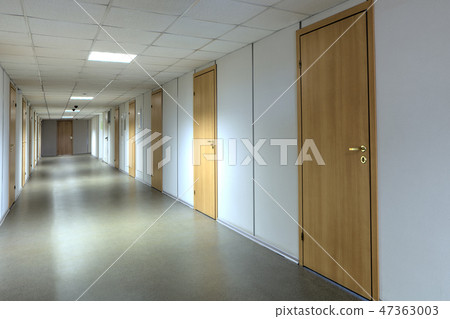 Long office hallway with a lot of wooden doors. 47363003