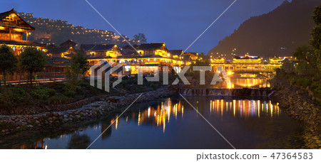 Night lights of big Chinese village, rural river Night lights of big Chinese village, rural river 47364583