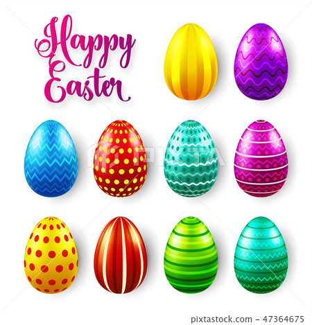 Easter eggs colored set. Spring holidays in April. Gift. Seasonal celebration.Egg hunt Sunday. Easter eggs colored set. Spring holidays in April. Gift. Seasonal celebration.Egg hunt Sunday. 47364675