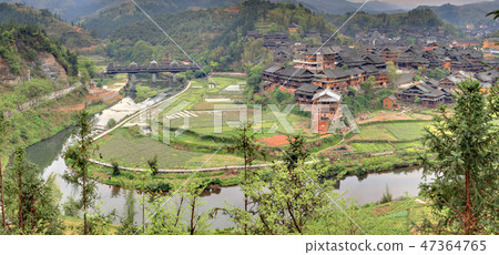 Wooden houses peasants in village agriculture Wooden houses peasants in village agriculture 47364765