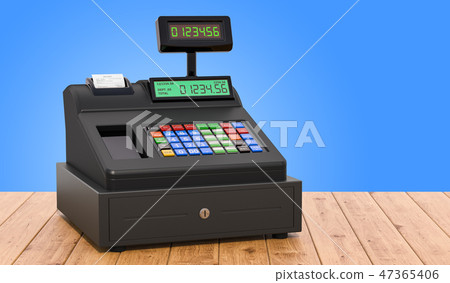 Cash register on the wooden table, 3D rendering 47365406