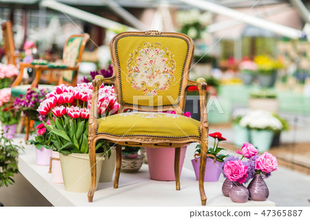 Wooden arm chair with beautiful fabric upholstery Wooden arm chair with beautiful fabric upholstery 47365887
