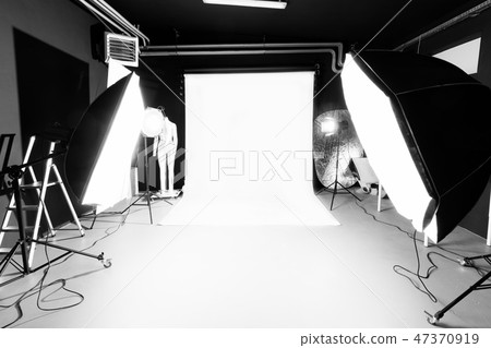 Photo studio interior with lighting equipment. Photo studio interior with lighting equipment. 47370919