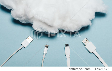 Four white wires laying under a white cotton cloud. 47371678