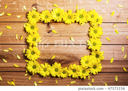 Fresh spring flowers and petals making frame on rustic wood. Fresh spring flowers and petals making frame on rustic wood. 47373156