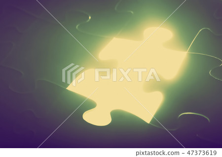 Jigsaw puzzle piece missing. Light glowing. Solution, solve the problem. 47373619