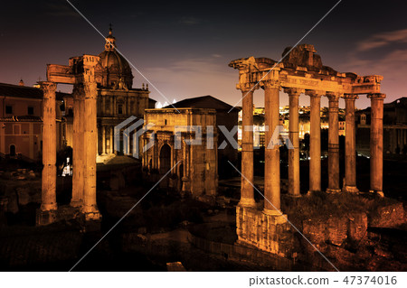 The Roman Forum, Italian Foro Romano in Rome, Italy at night. 47374016