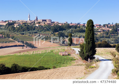 Tuscany landscape with Pienza town on the hill, Italy. 47374480