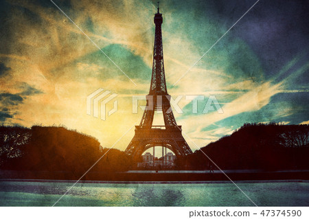 Eiffel Tower in Paris, Fance in retro style. 47374590