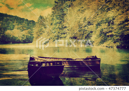 Lake and two boats in forest. Retro Lake and two boats in forest. Retro 47374777