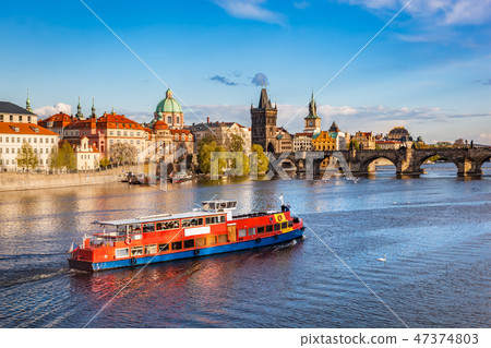 Prague, Czech Republic. Charles Bridge, boat cruise on Vltava river 47374803