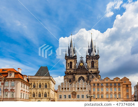Old Town of Prague buildings, Czech Republic. Tyn Church with historic tenement houses 47374804