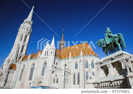 Matthias Church and statue of Stephen I. Budapest, Hungary 47374901