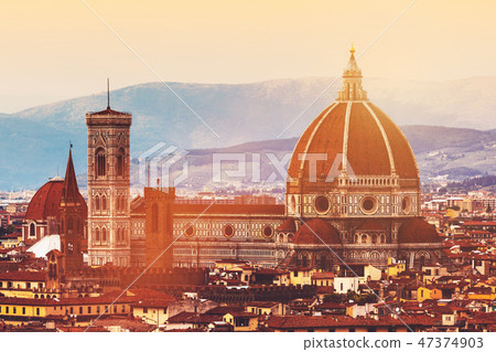 Skyline of Florence, Italy. Cathedral of Saint Mary of the Flowers at sunset. 47374903