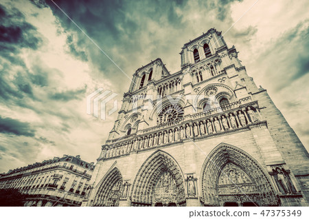 Notre Dame Cathedral in Paris, France. Vintage Notre Dame Cathedral in Paris, France. Vintage 47375349