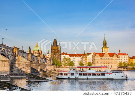 Prague, Czech Republic. Charles Bridge, boat cruise on Vltava river Prague, Czech Republic. Charles Bridge, boat cruise on Vltava river 47375423