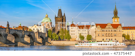 Prague, Czech Republic. Charles Bridge, boat cruise on Vltava river. Vintage Prague, Czech Republic. Charles Bridge, boat cruise on Vltava river. Vintage 47375447