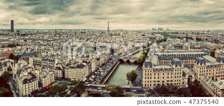 Paris, France panorama with Eiffel Tower, Seine river and bridges. Vintage Paris, France panorama with Eiffel Tower, Seine river and bridges. Vintage 47375540