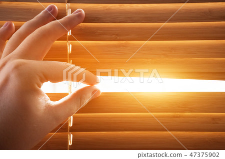Looking through window blinds, sun light coming inside. 47375902