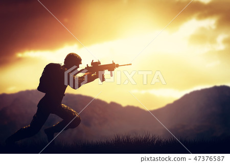 Soldier in combat shooting with his weapon, rifle. War, army concept Soldier in combat shooting with his weapon, rifle. War, army concept 47376587