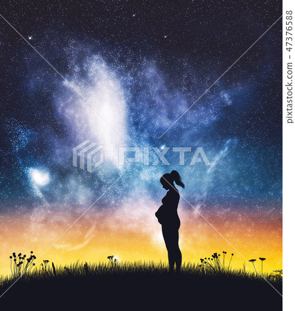 Pregnant woman standing on night sky. Pregnant woman standing on night sky. 47376588