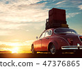 Retro red car with luggage on roof rack at sunset. Travel, vacation concepts. 47376865