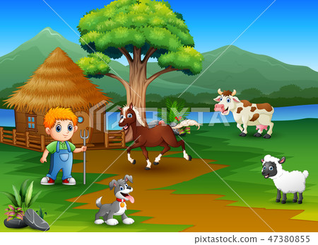 Farmers and animal farm with beautiful nature 47380855