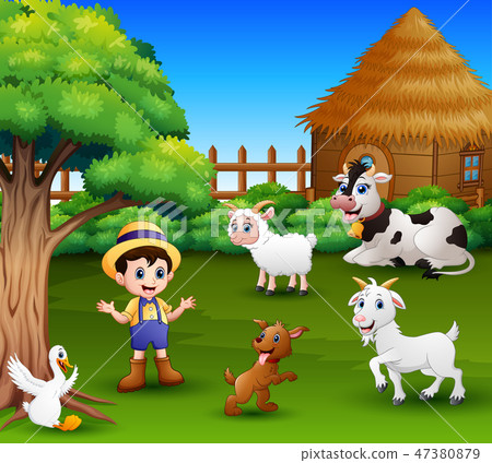 图库插图: a farmer at his farm with a bunch of farm animals