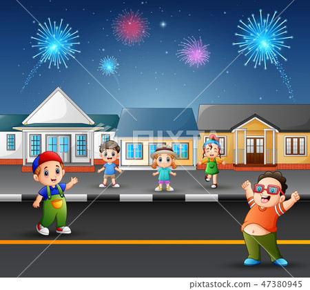 Happy kids playing on the road with firework Happy kids playing on the road with firework 47380945