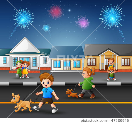 Happy kids playing on the road with firework Happy kids playing on the road with firework 47380946
