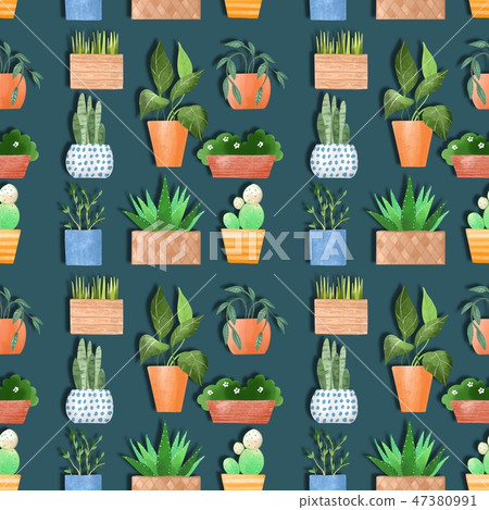 Potted plants. Cartoon seamless pattern - Stock Illustration [47380991 ...