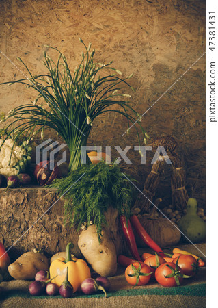 still life  Vegetables, Herbs and Fruits. 47381431