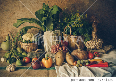 still life  Vegetables, Herbs and Fruits. 47381480