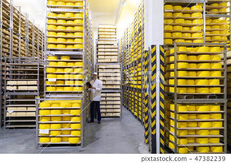 man with a tablet in his hands is in a warehouse of cheeses 47382239