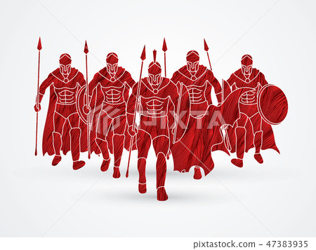Group of Spartan Warrior walking with spears Group of Spartan Warrior walking with spears 47383935