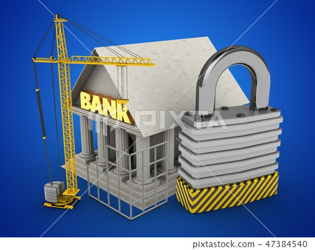 3d illustration of Bank with padlock and crane 47384540