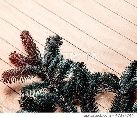 Pine tree branch on wooden table.  47384744
