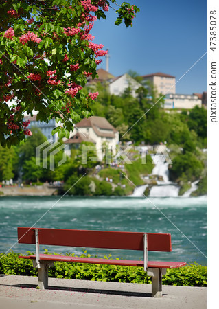 Bench on shore of Rhine Falls. 47385078