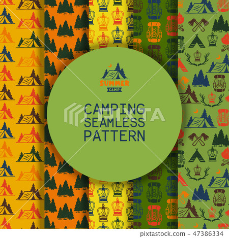 Camping outdoor activities vector illustration. Camping scene - caravan, camping chairs, fire place 47386334
