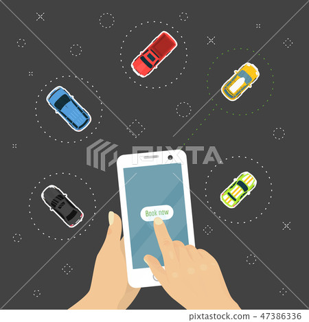 Ordering car online concept, hand holding smartphone with vehicle booking app vector illustration 47386336