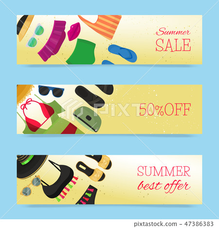 Beach fashion banners vector illustration. Summer woman s outfit. Fashion set with beach clothes and 47386383