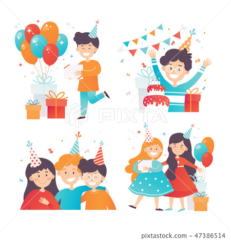 Flat Vector Set Of Happy Kids Celebrating Stock Illustration