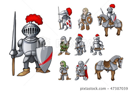 Set of medieval knight characters standing in different poses isolated on white Set of medieval knight characters standing in different poses isolated on white 47387039
