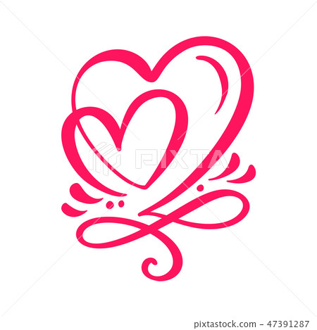 Two lover calligraphic hearts. Handmade vector calligraphy. Decor for greeting card, mug, photo Two lover calligraphic hearts. Handmade vector calligraphy. Decor for greeting card, mug, photo 47391287